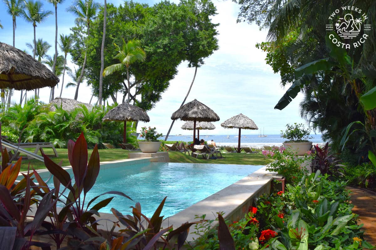 a small pool with palm thatched tables in front of the beach