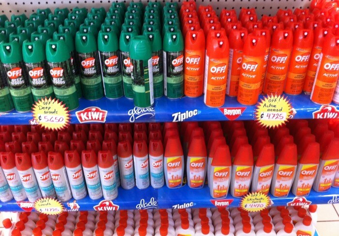 Insect repellent on the shelf at a grocery store in Costa Rica
