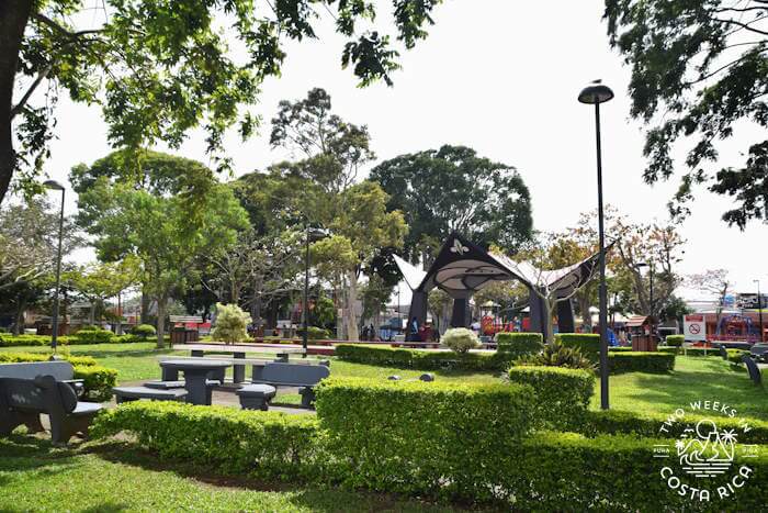 Green park with benches and a gazebo