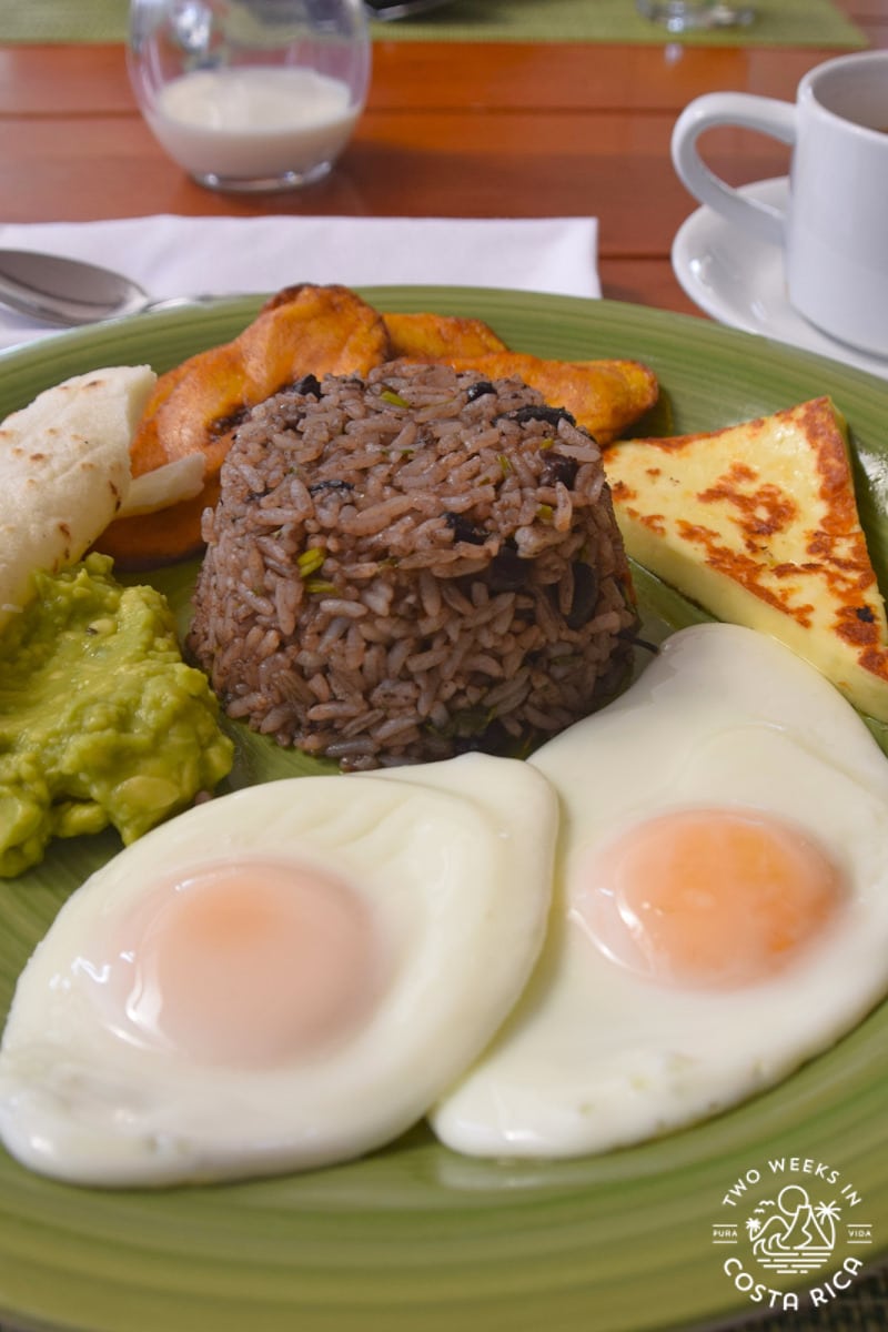 a plate with eggs rice and beans and fried cheese