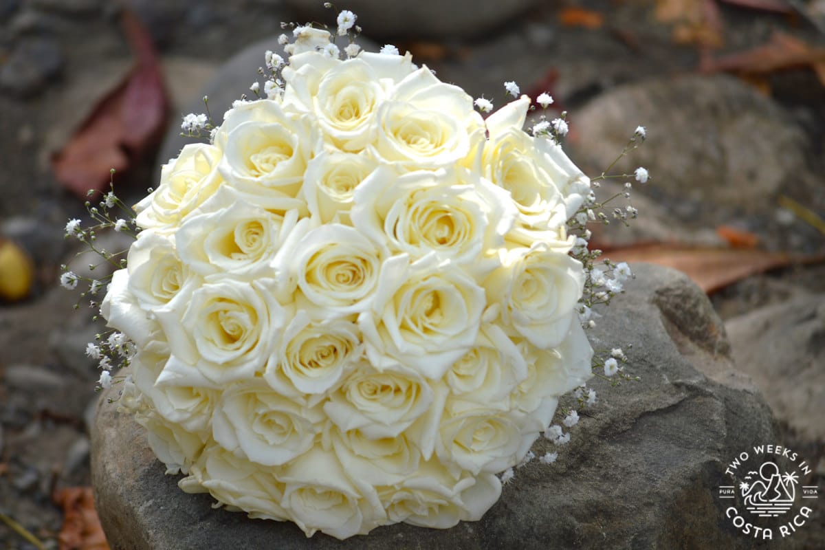 A bouquet of white roses placed on a rock in Costa Rica