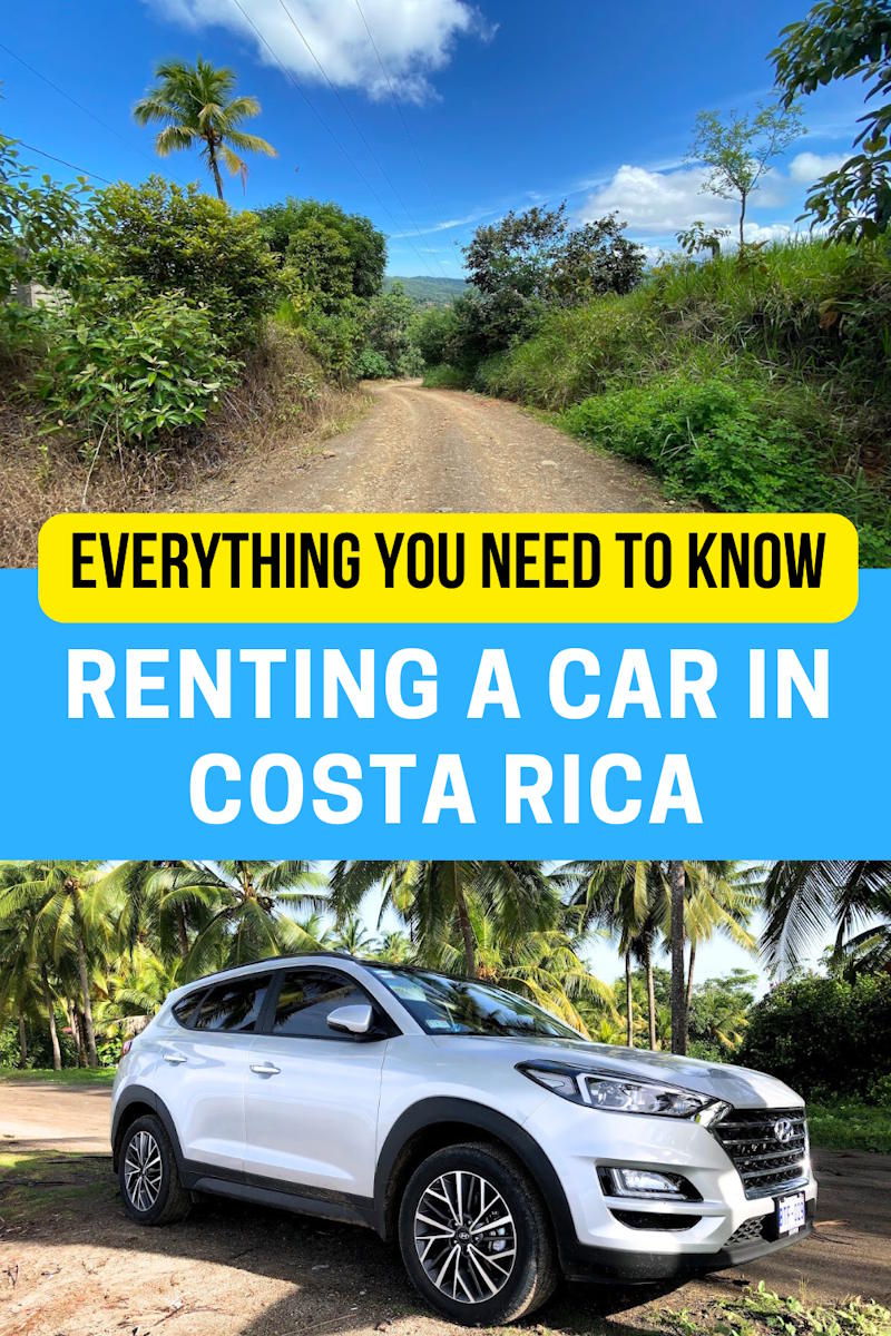dirt road and a car with palm trees with text that reads renting a car in costa rica