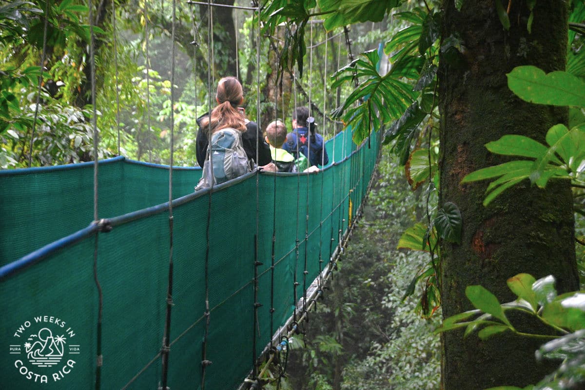 People walking over a hanging suspension bridge in Costa Rica