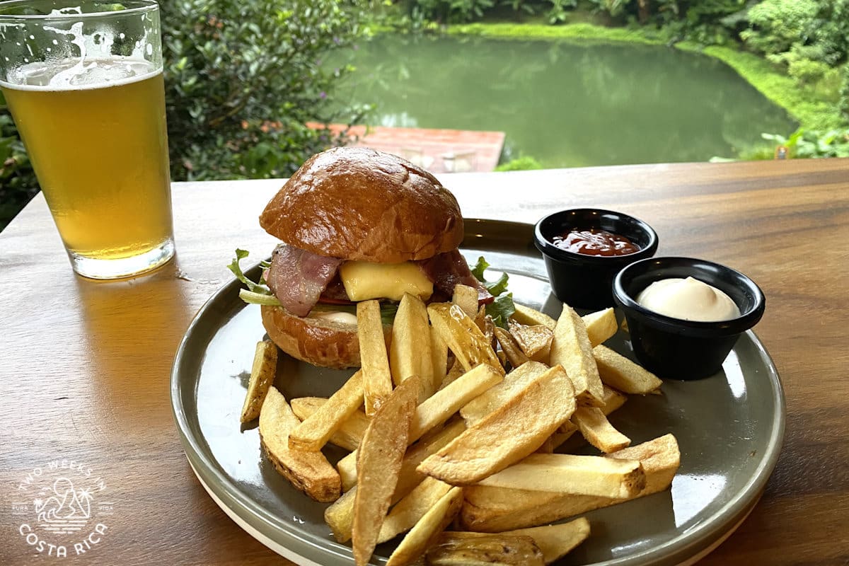 a burger and fries at a restaurant on a pond