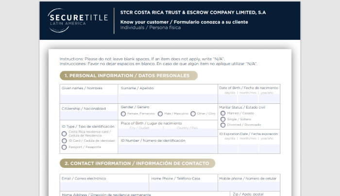 Know Your Customer Form Costa Rica