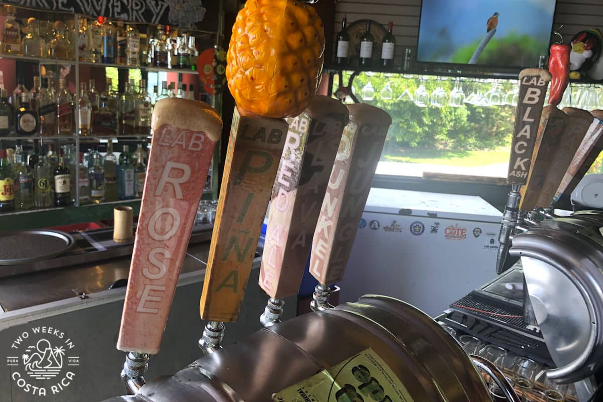 Close up view of some taps and a bar at Lake Arenal Brewery