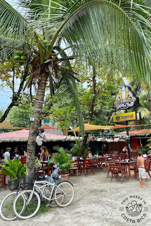 restaurant under palm trees and tables on sand with bike leaning against tree in foreground