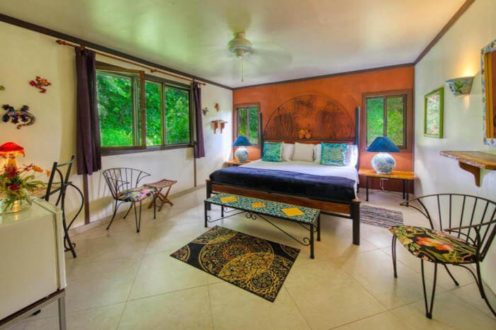 A colorfully decorated hotel room