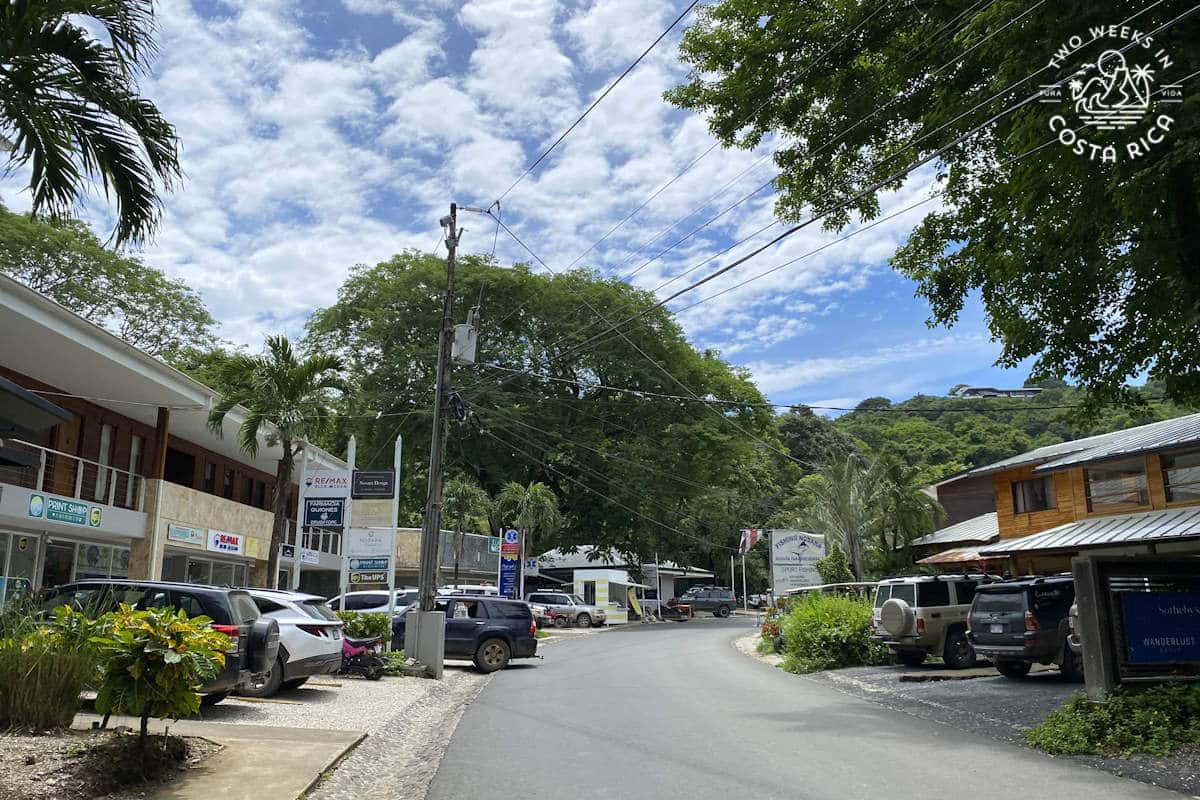 main street in Guiones Nosara with many businesses
