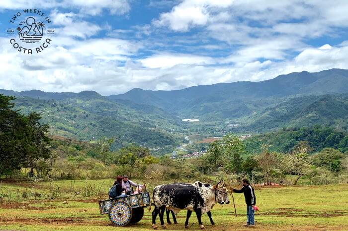 people riding in an oxcart in the orosi valley costa rica with mountains in the background