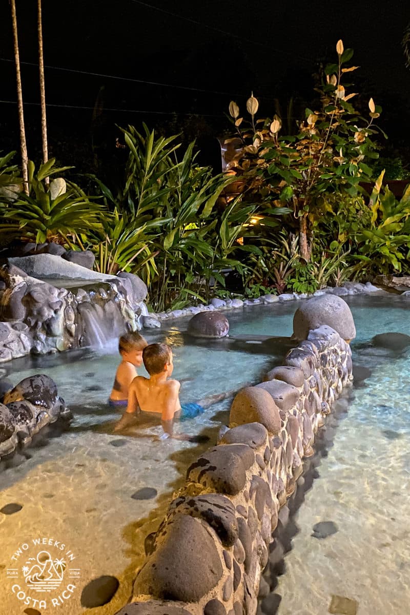 kids sitting in a shallow pool with rocks and thick gardens