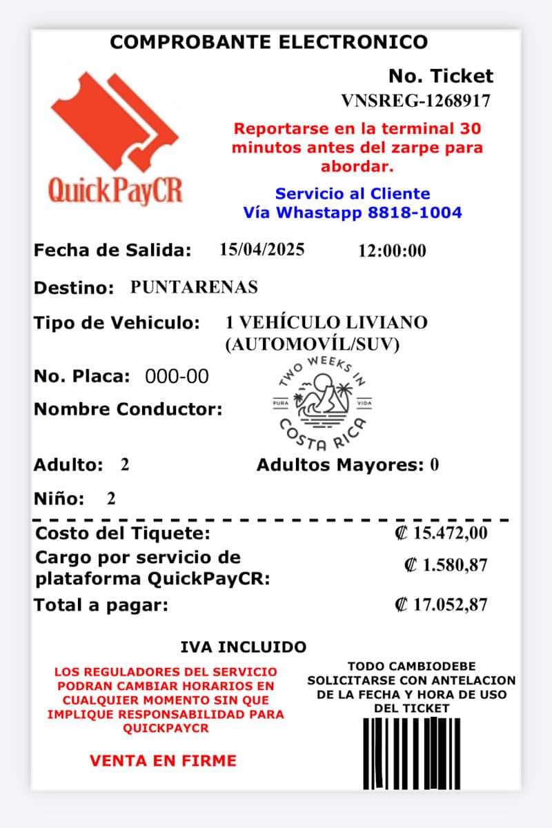 Sample online ticket for the Puntarenas-Paquera ferry in Costa Rica