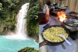 photo collage of a waterfall and food cooking