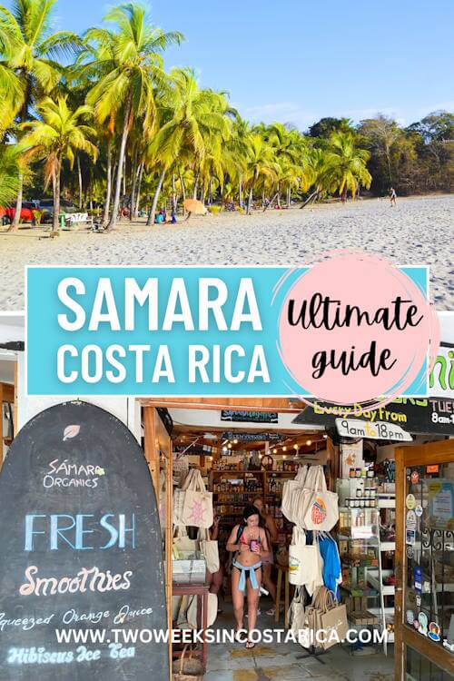 palm tree backed beach and woman walking out of a store with text overlay that reads samara costa rica ultimate guide
