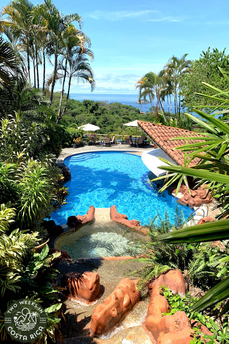a hotel pool and swim up bar with an ocean view and thick rainforest all around