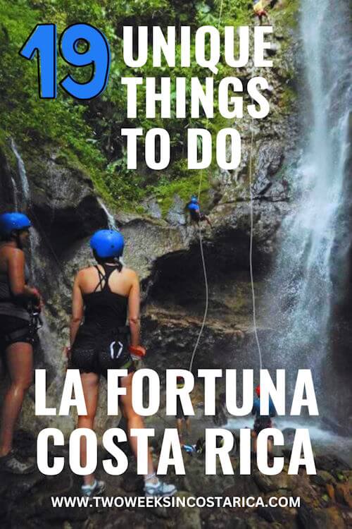 people looking at a waterfall with text unique things to do la fortuna costa rica