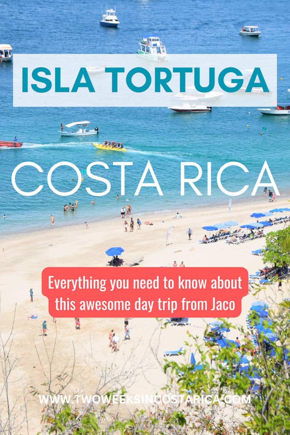 looking from above at a beach with people walking and boats and text that reads isla tortuga costa rica