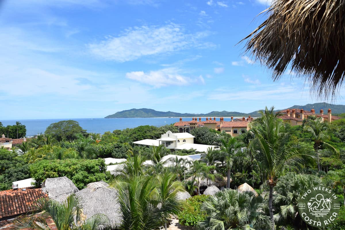 looking at a resort with lots of green forest from above with the ocean in the distance