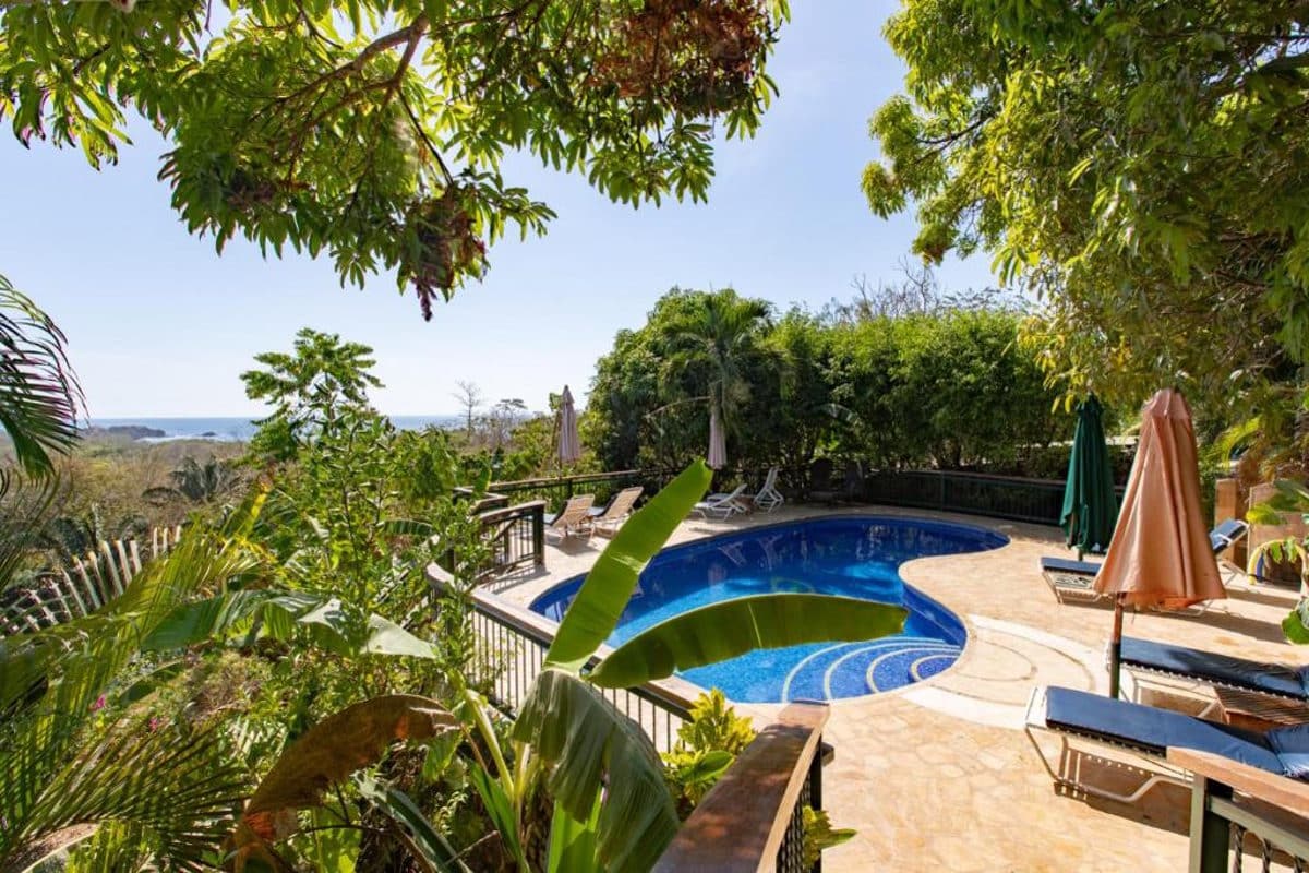 pool area of villa mango B&B with ocean in background