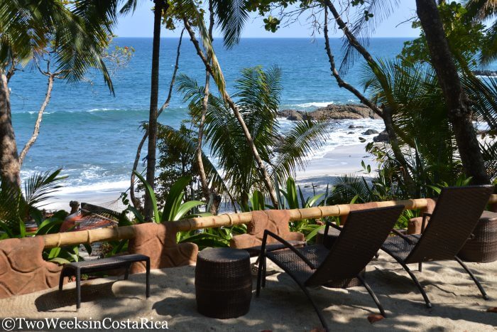 A sitting area facing the ocean at Ylang Ylang resort in Montezuma, Costa Rica 